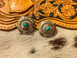 NAVAJO MADE STERLING SILVER + TURQUOISE CONCHO EARRING