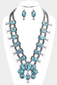 Natural Stone Squash Blossom Tribal Necklace - TURQUOISE