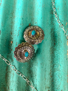 NAVAJO MADE STERLING SILVER + TURQUOISE CONCHO EARRING