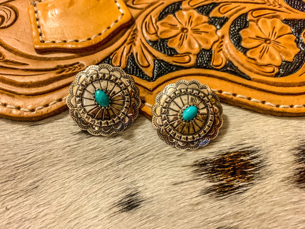 NAVAJO MADE STERLING SILVER + TURQUOISE CONCHO EARRING