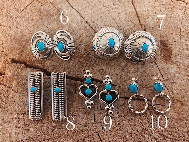 NAVAJO MADE STERLING SILVER + TURQUOISE CONCHO EARRING